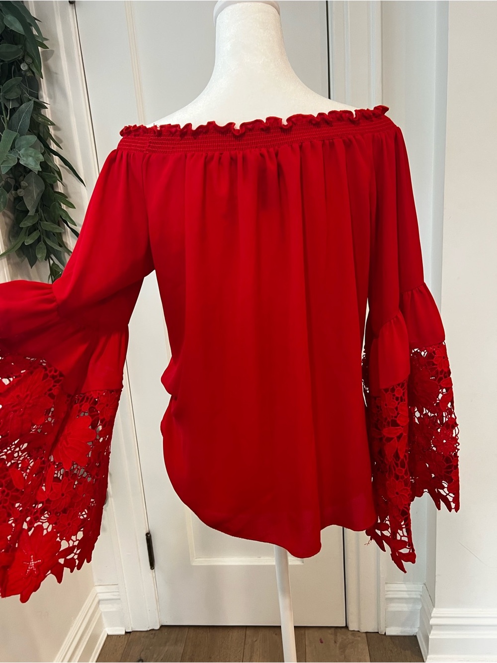 Joseph Ribkoff Red Off-Shoulder Lace Bell-Sleeve Blouse - Picture 6 of 9